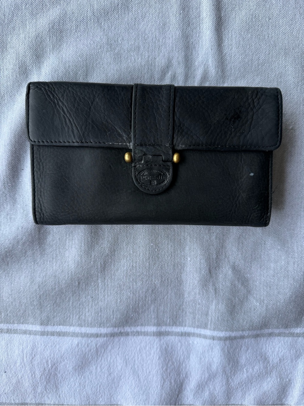Fossil Black Leather Clutch Wallet with Gold Hardware
